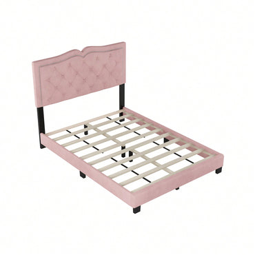 Modern Pink Velvet Platform Bed with Tufted Headboard and Rivet Design Sturdy Wood Frame No Box Spring Needed 500lbs Capacity