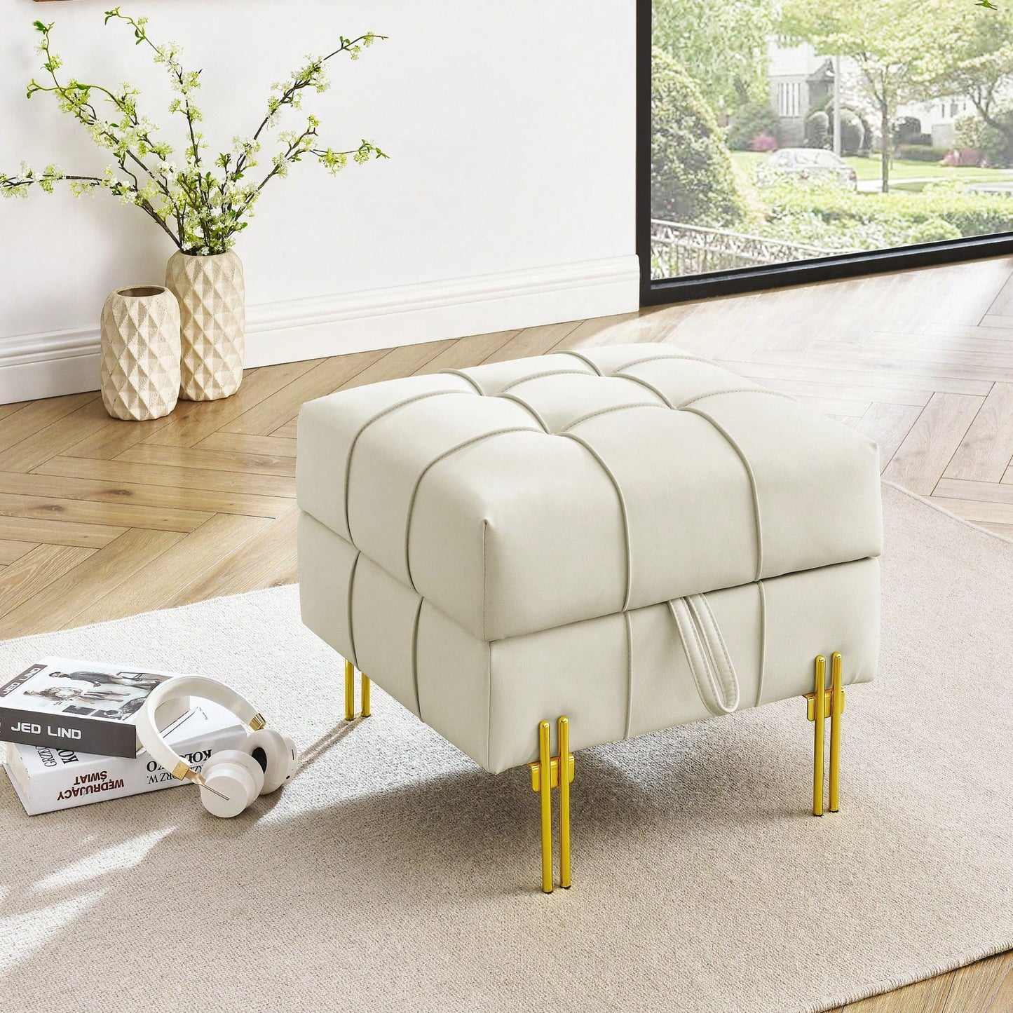 22 Inch Stylish Anti-Scratch Leather Storage Ottoman Pet Friendly Entryway Bench with Gold Stainless Steel Legs Multiple Color Options