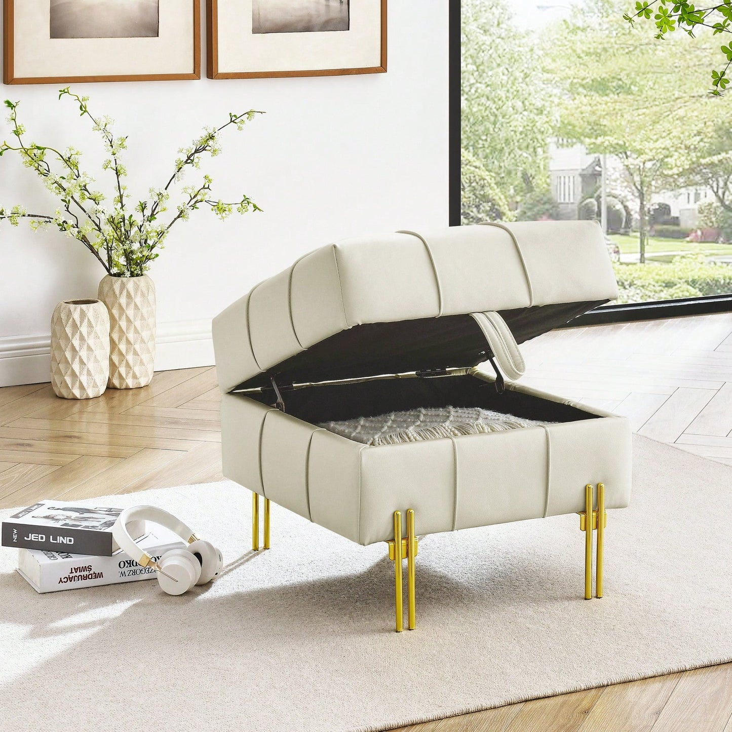 22 Inch Stylish Anti-Scratch Leather Storage Ottoman Pet Friendly Entryway Bench with Gold Stainless Steel Legs Multiple Color Options