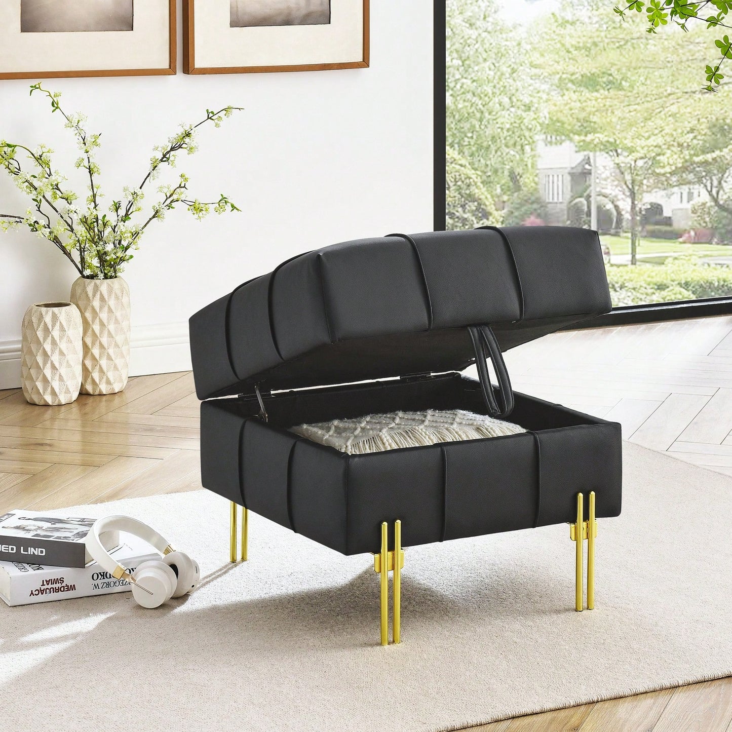 22 Inch Stylish Anti-Scratch Leather Storage Ottoman Pet Friendly Entryway Bench with Gold Stainless Steel Legs Multiple Color Options