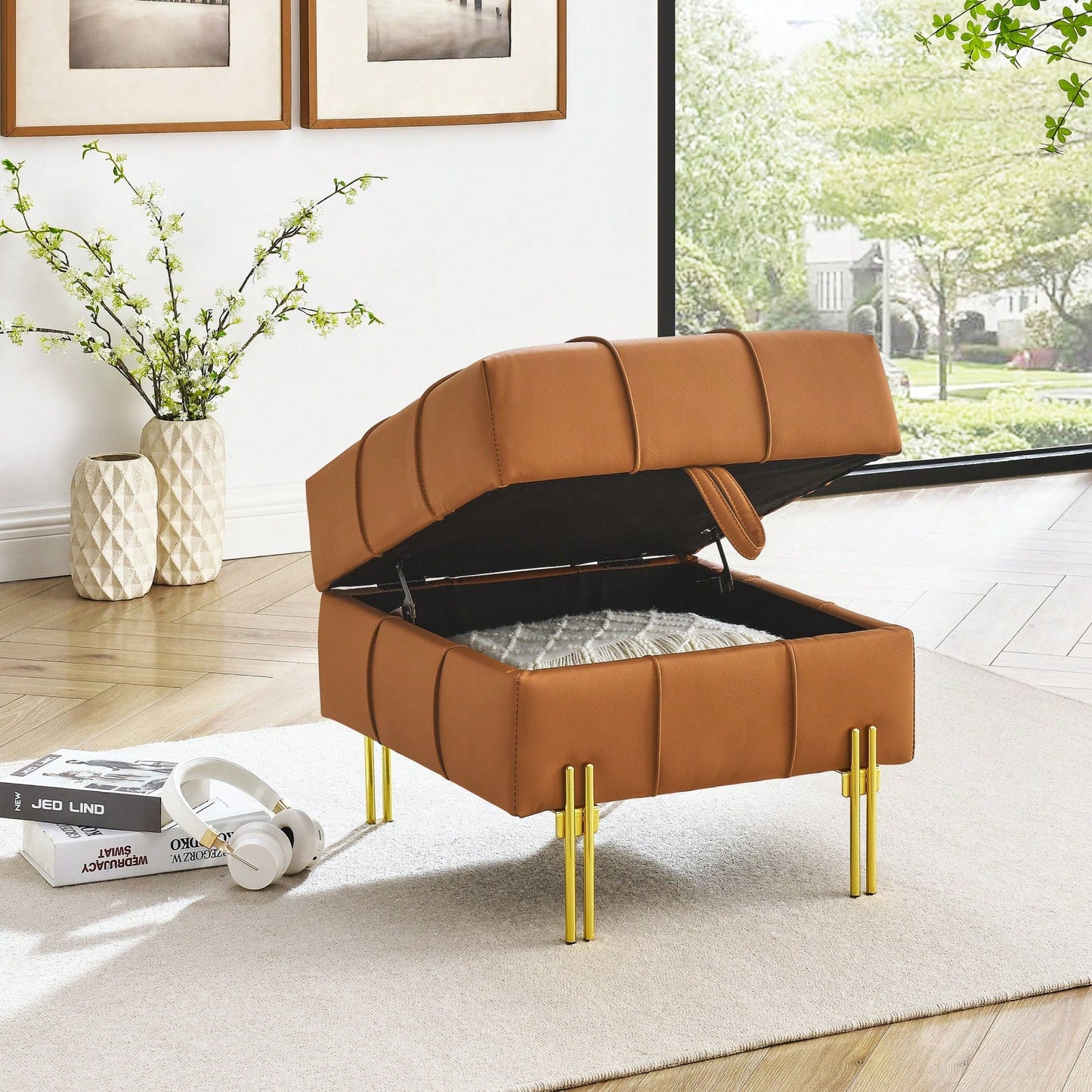 22 Inch Stylish Anti-Scratch Leather Storage Ottoman Pet Friendly Entryway Bench with Gold Stainless Steel Legs Multiple Color Options