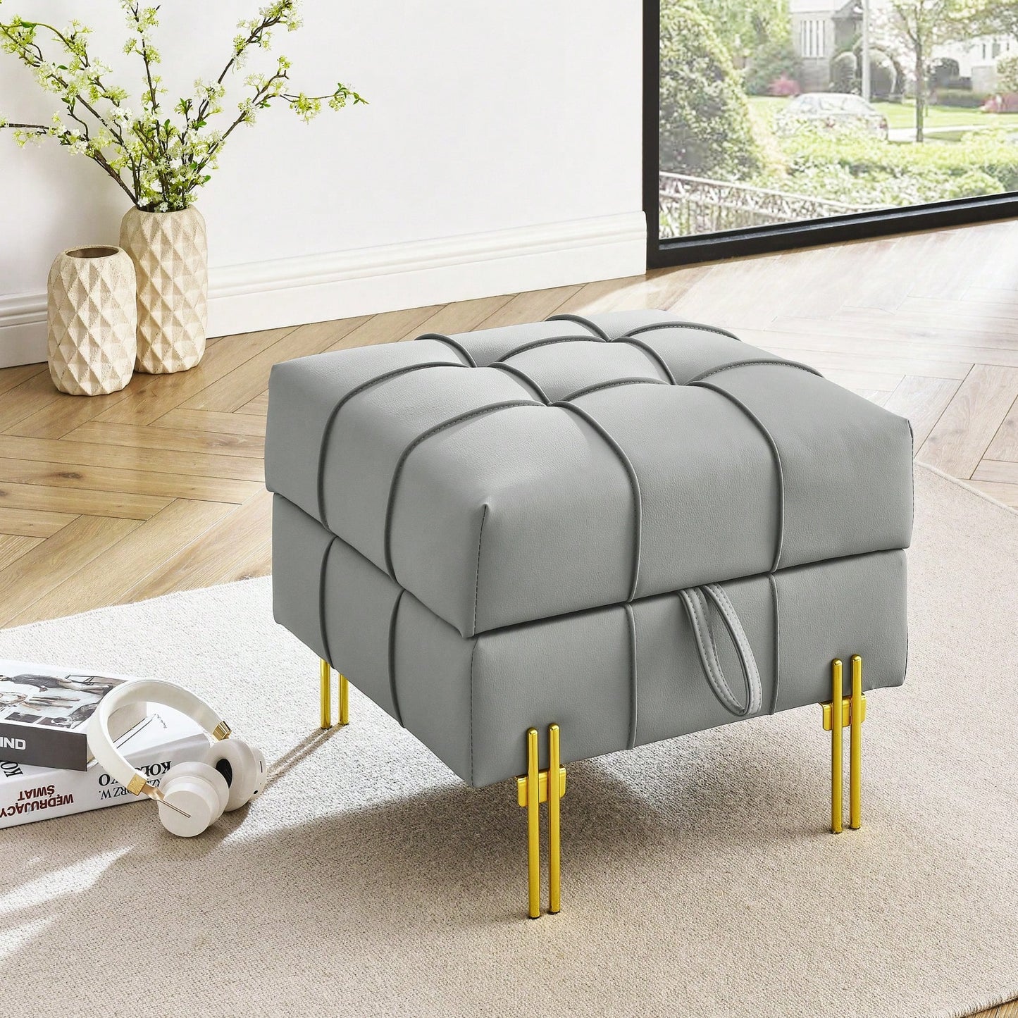 22 Inch Stylish Anti-Scratch Leather Storage Ottoman Pet Friendly Entryway Bench with Gold Stainless Steel Legs Multiple Color Options