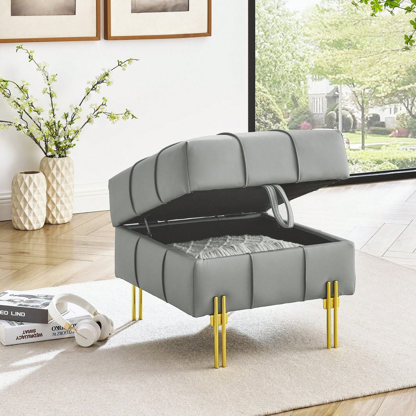 22 Inch Stylish Anti-Scratch Leather Storage Ottoman Pet Friendly Entryway Bench with Gold Stainless Steel Legs Multiple Color Options