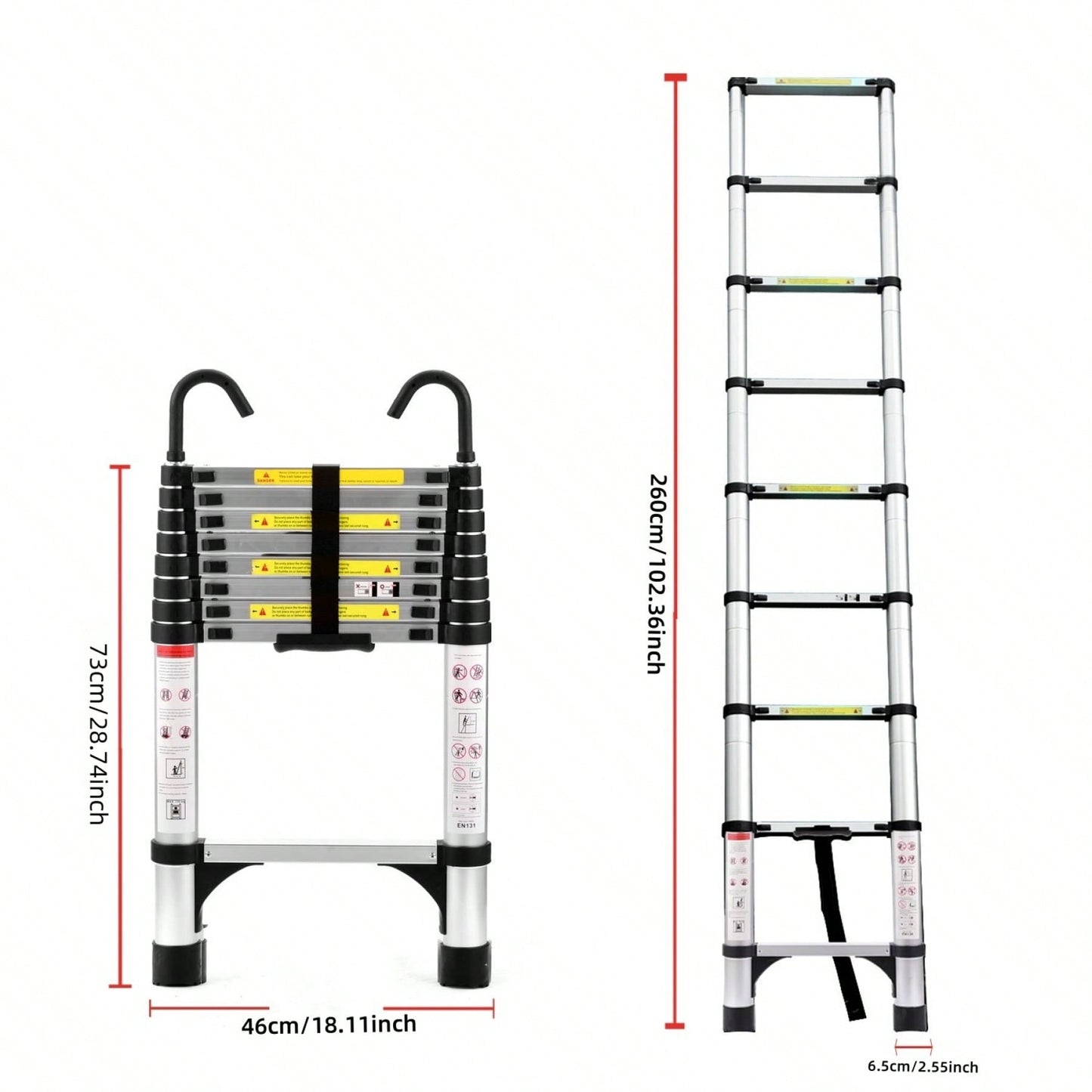 8.5FT Aluminum Telescopic Ladder with Stabilizer Bar and Hooks for Home and Outdoor Use Max Load 330lbs