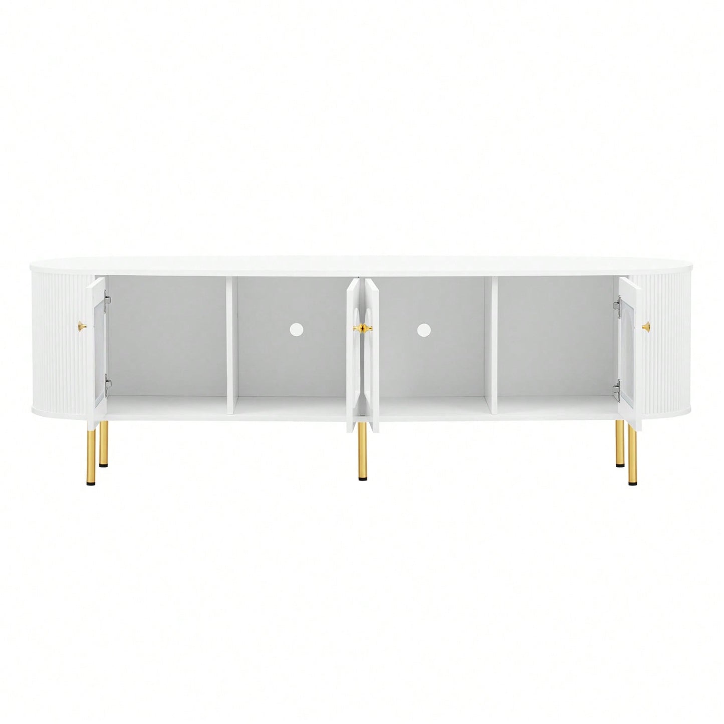 Contemporary Curved TV Stand for Up to 80 Inch TVs Stylish 4 Cabinet Media Console with Metal Legs and Gold Accents