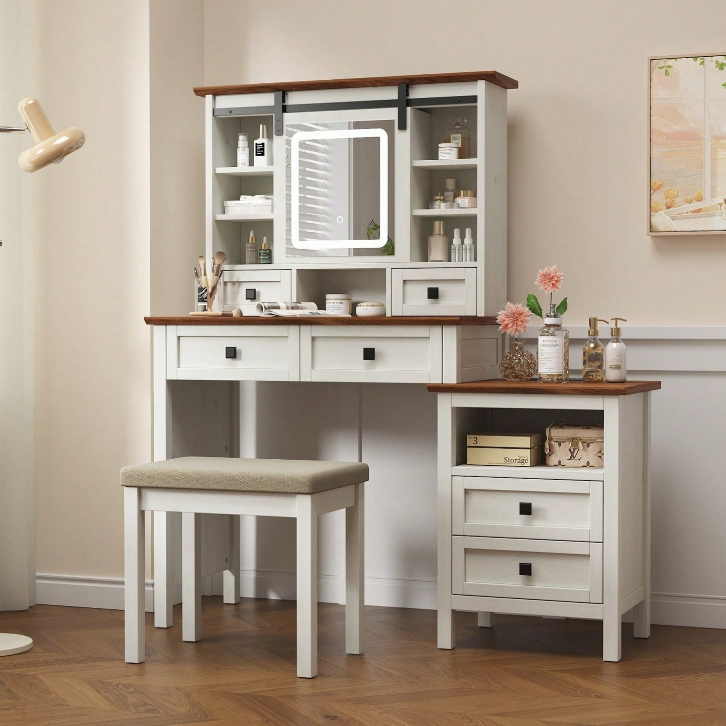 46.5 Inch Rustic Farmhouse Makeup Vanity Desk with LED Mirror Charging Station and Cushioned Stool for Women