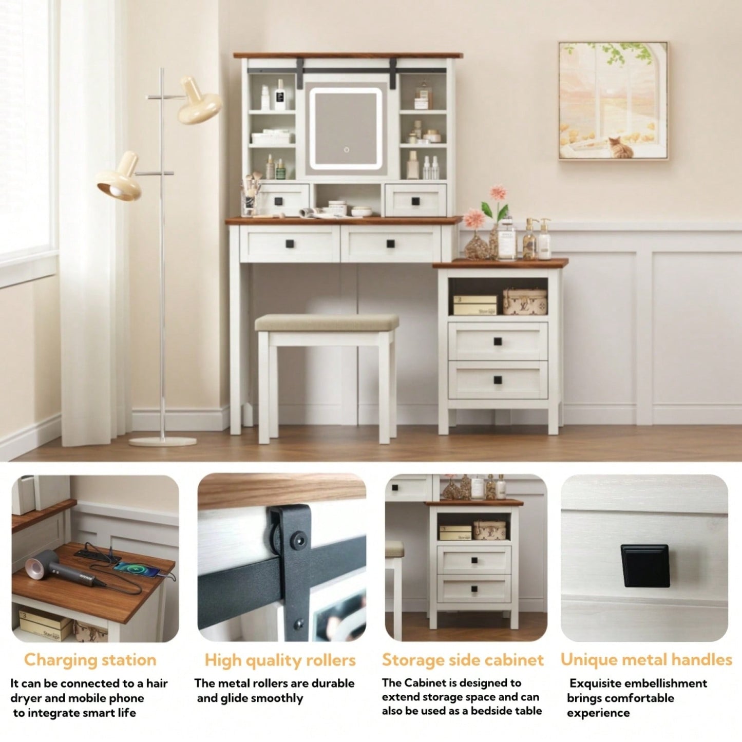 46.5 Inch Rustic Farmhouse Makeup Vanity Desk with LED Mirror Charging Station and Cushioned Stool for Women