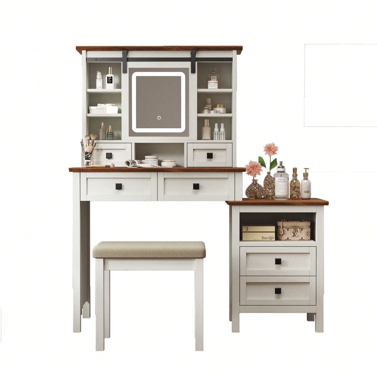 46.5 Inch Rustic Farmhouse Makeup Vanity Desk with LED Mirror Charging Station and Cushioned Stool for Women
