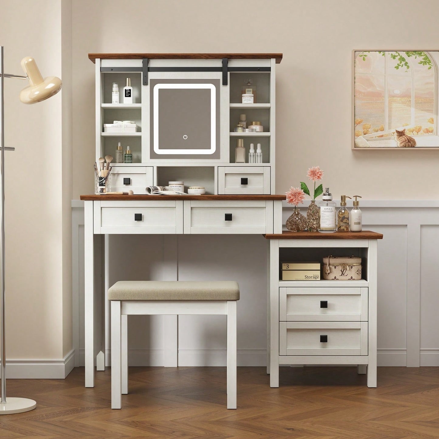 46.5 Inch Rustic Farmhouse Makeup Vanity Desk with LED Mirror Charging Station and Cushioned Stool for Women