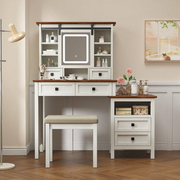 46.5 Inch Rustic Farmhouse Makeup Vanity Desk with LED Mirror Charging Station and Cushioned Stool for Women