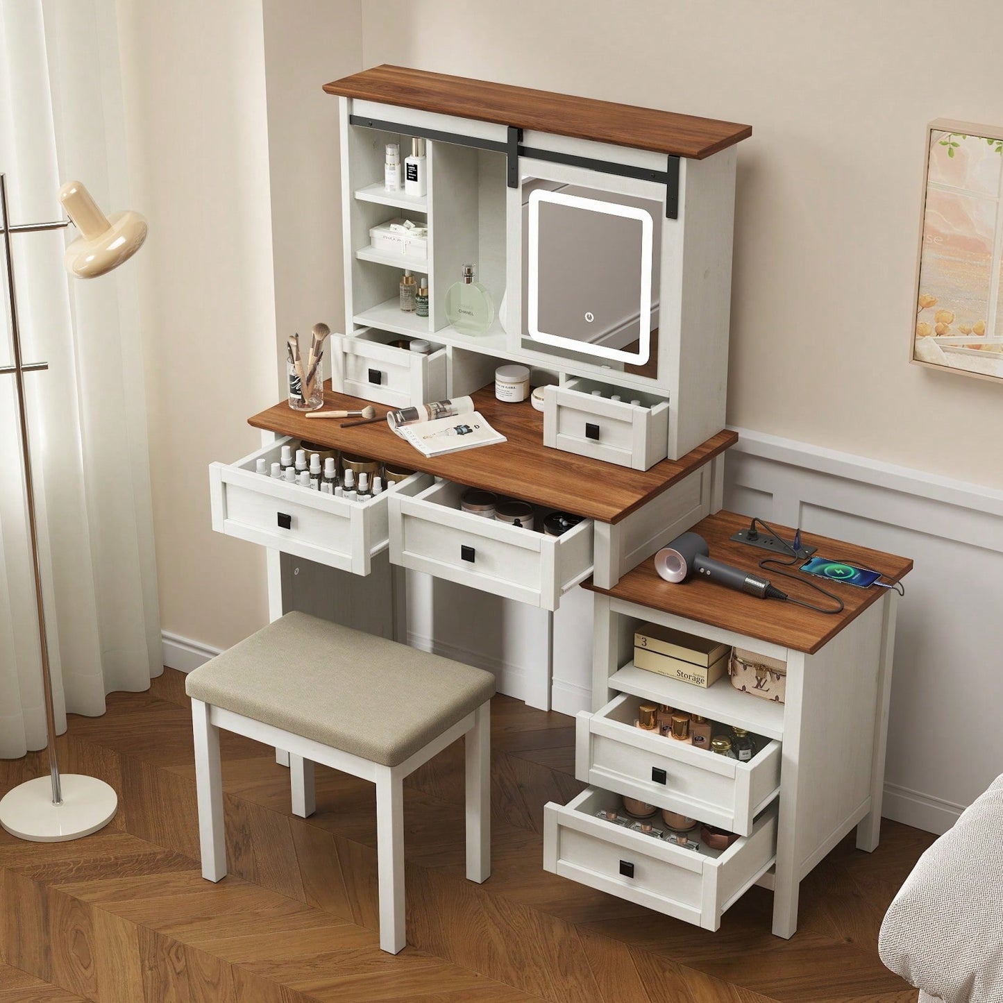 46.5 Inch Rustic Farmhouse Makeup Vanity Desk with LED Mirror Charging Station and Cushioned Stool for Women