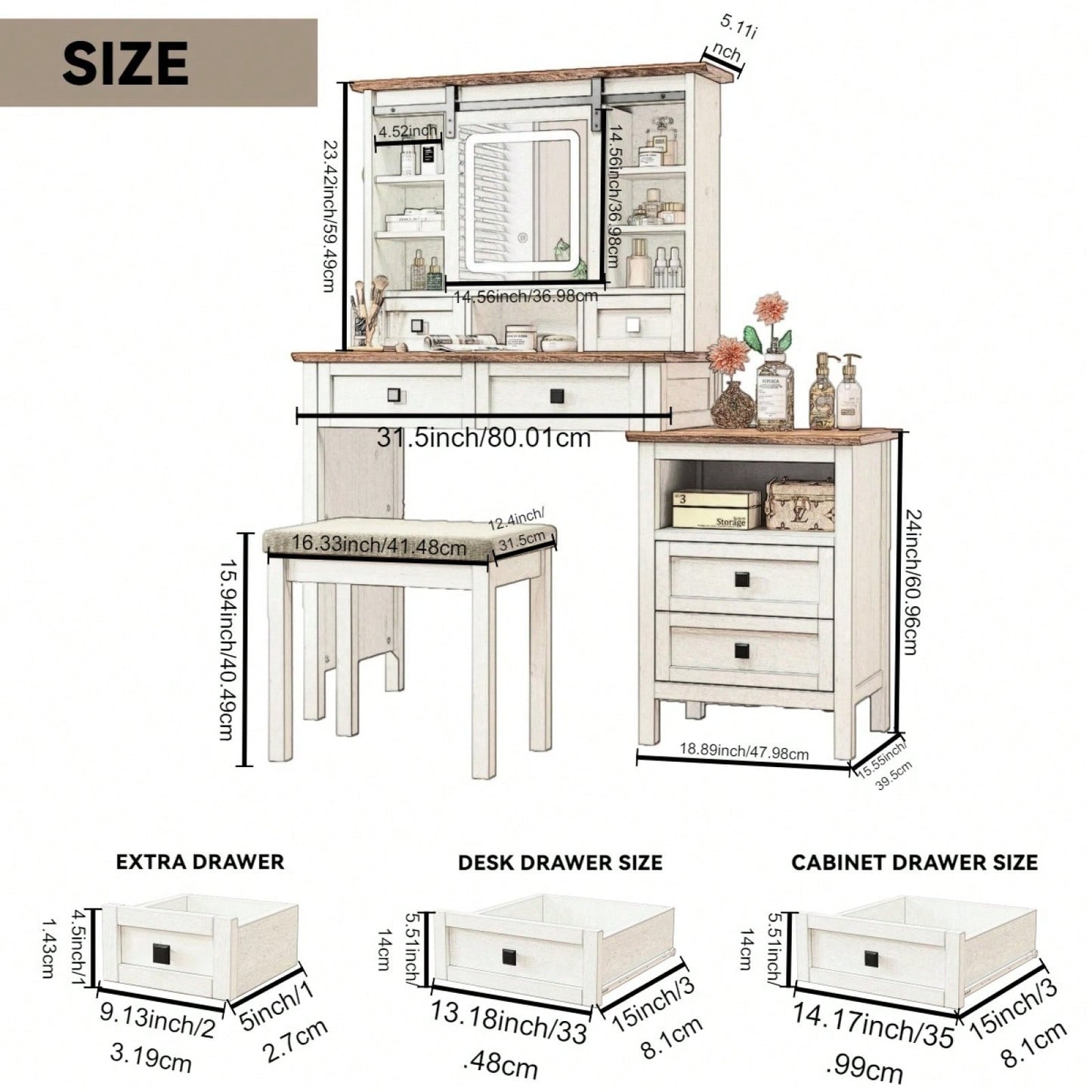 46.5 Inch Rustic Farmhouse Makeup Vanity Desk with LED Mirror Charging Station and Cushioned Stool for Women