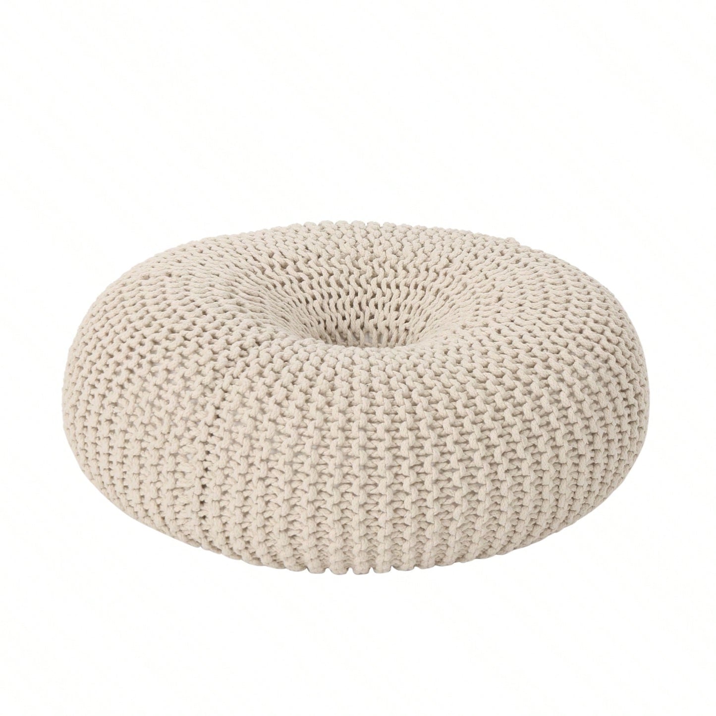 Handcrafted Cotton Knitted Pouf - Beige Donut Design