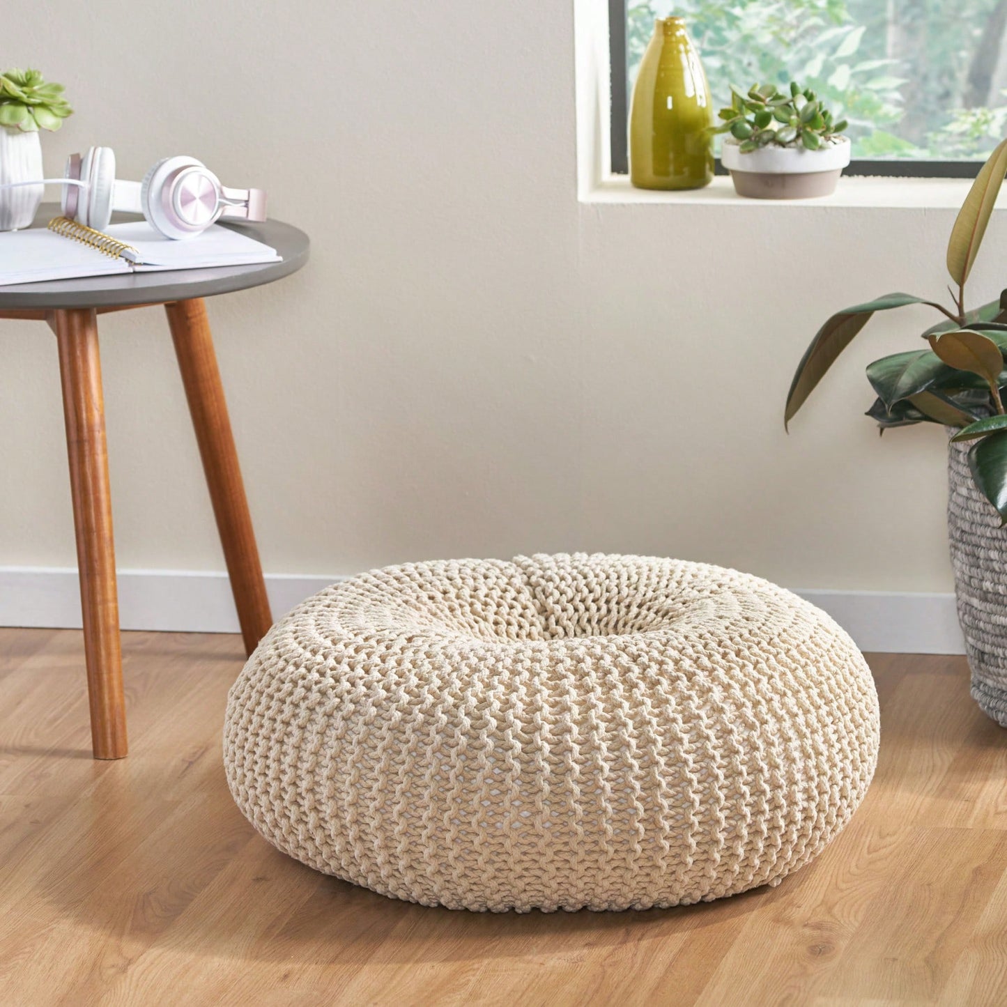 Handcrafted Cotton Knitted Pouf - Beige Donut Design