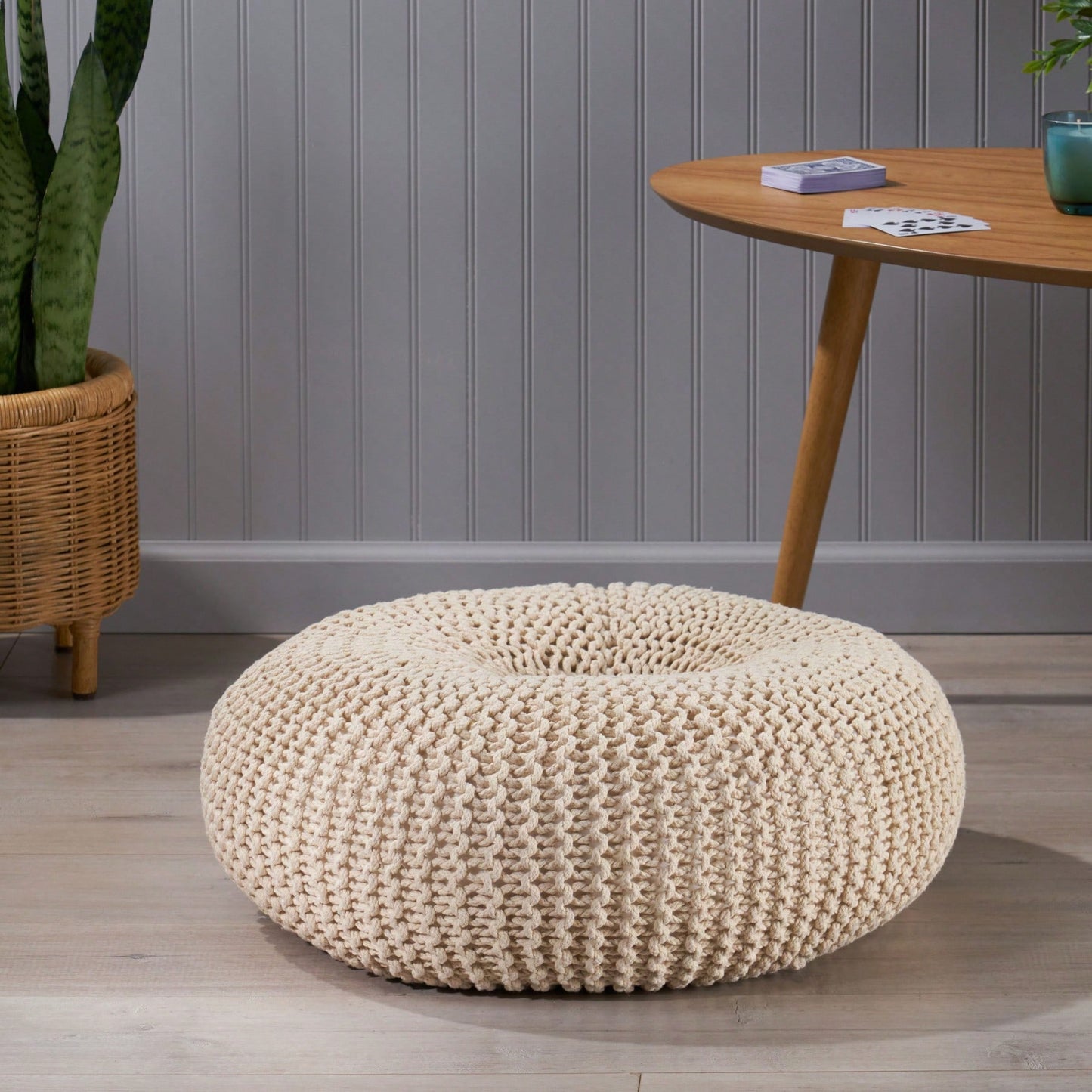 Handcrafted Cotton Knitted Pouf - Beige Donut Design