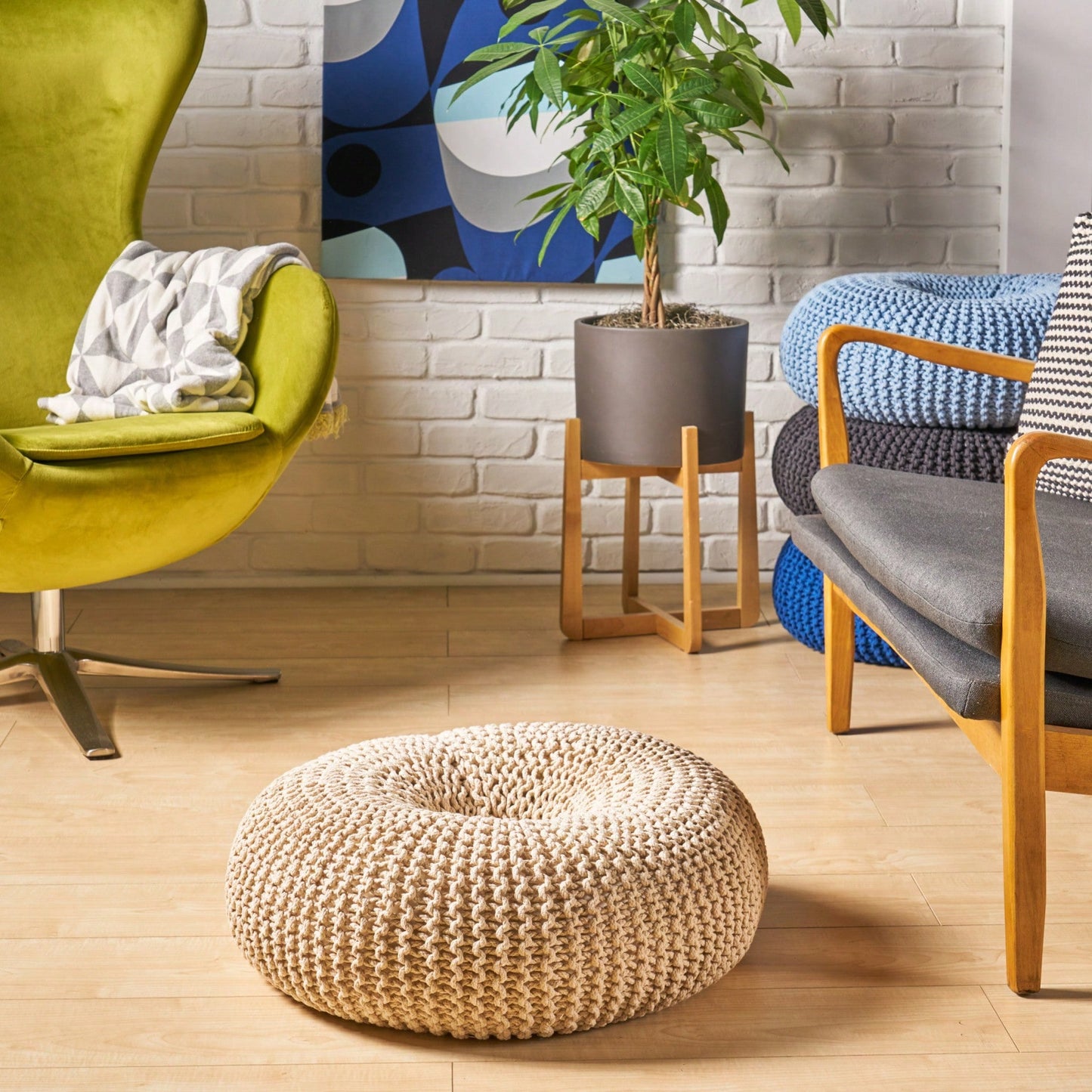 Handcrafted Cotton Knitted Pouf - Beige Donut Design