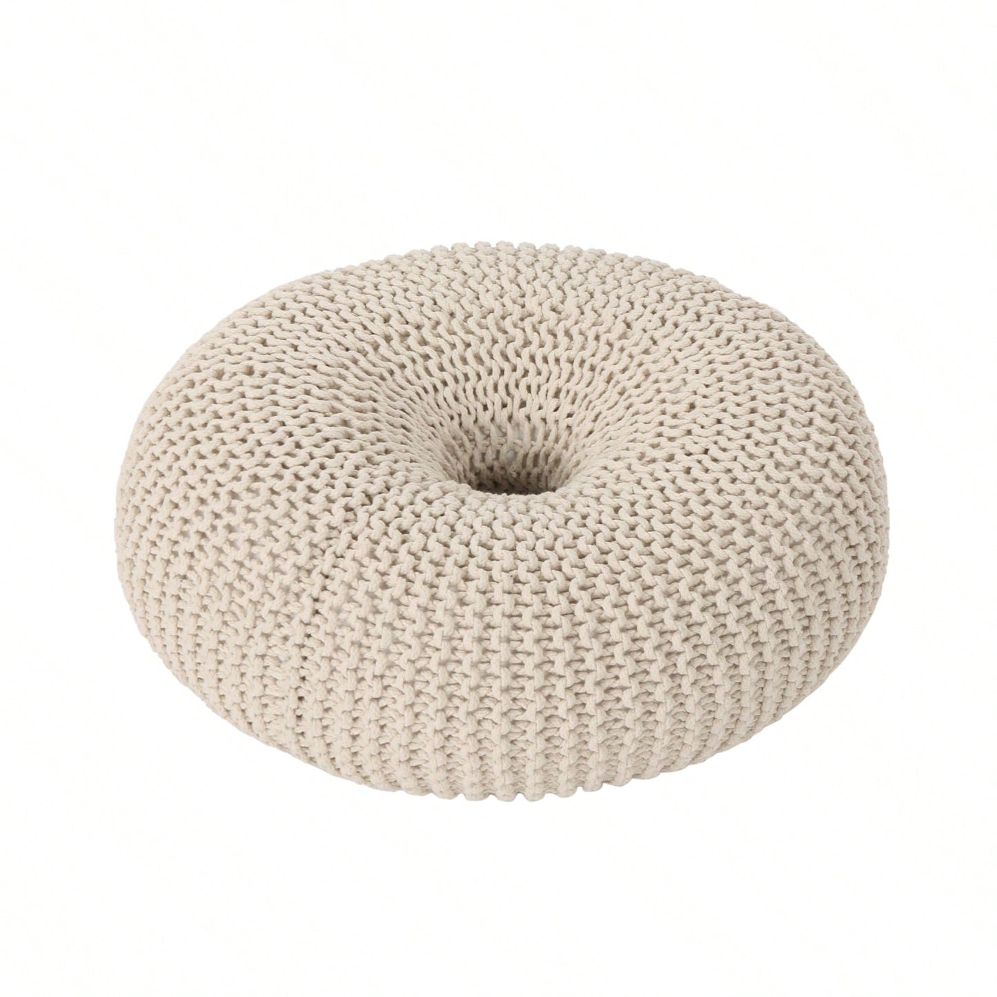 Handcrafted Cotton Knitted Pouf - Beige Donut Design