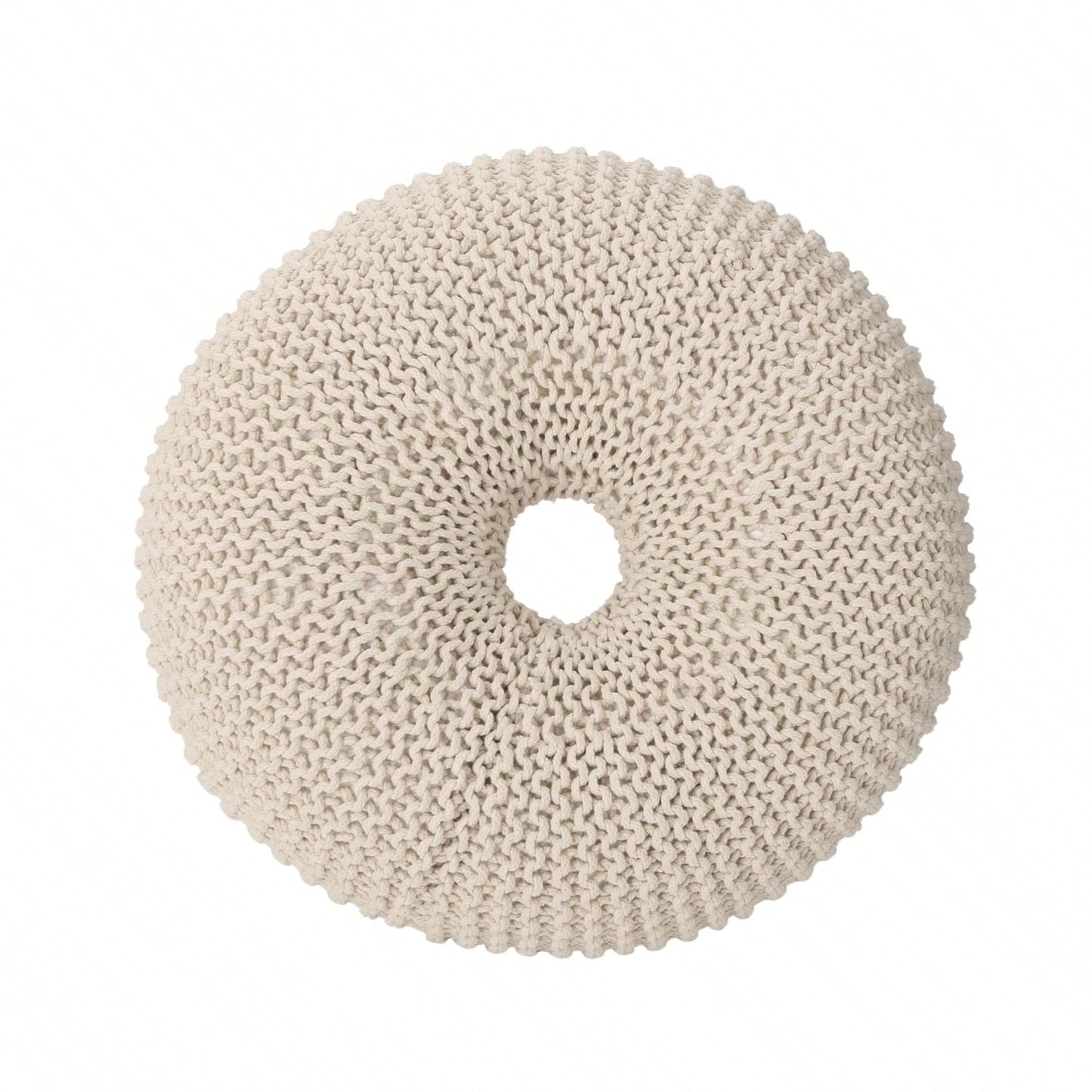Handcrafted Cotton Knitted Pouf - Beige Donut Design