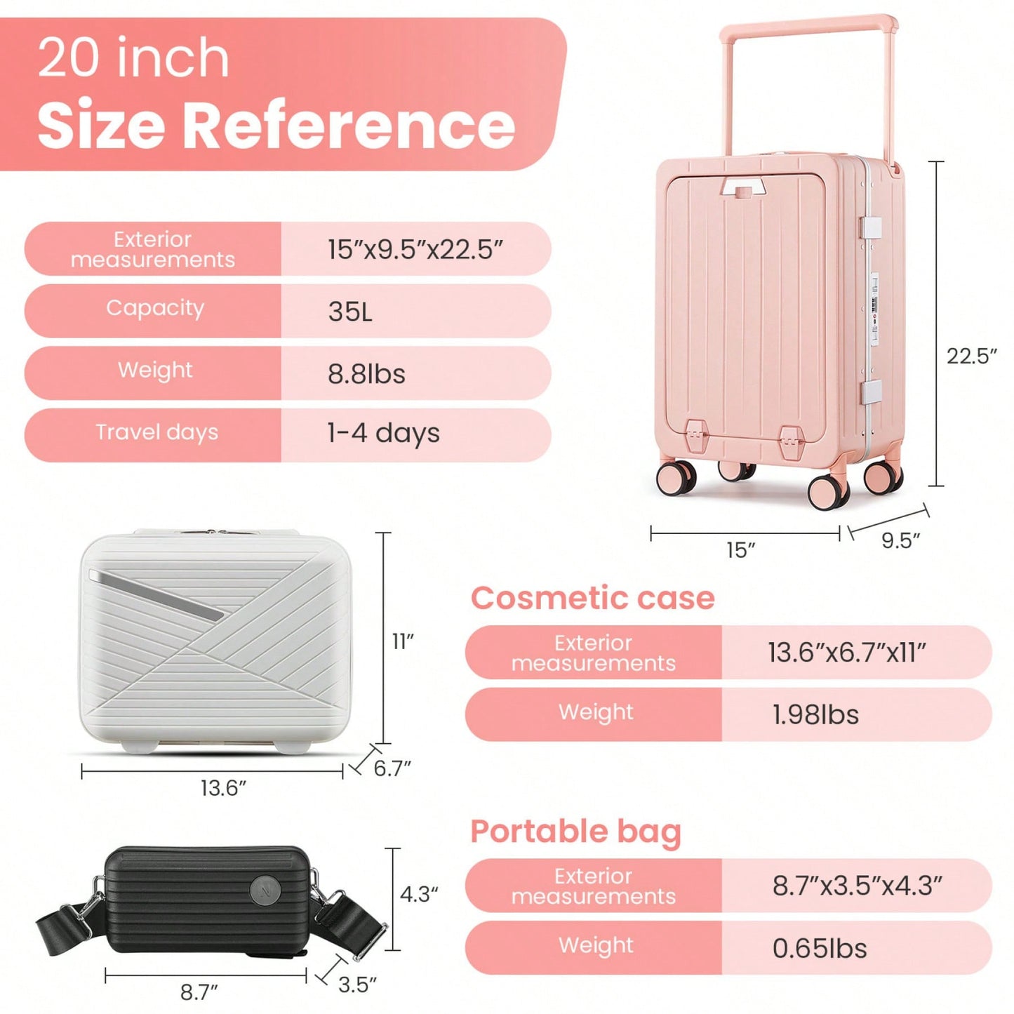 20 Inch Hard Shell Carry-On Luggage with Front Compartment TSA Lock 360° Spinner Wheels Lightweight Durable