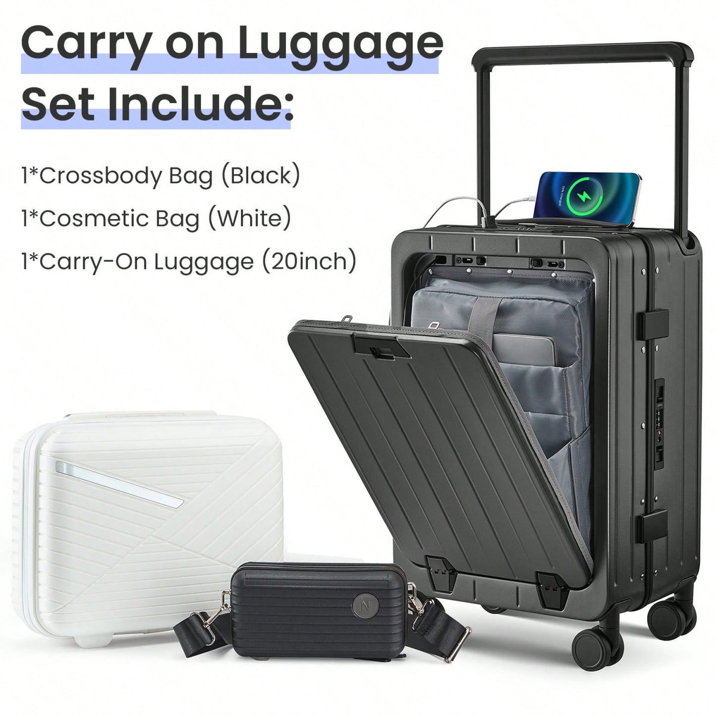 20 Inch Hard Shell Carry-On Luggage with Front Compartment TSA Lock 360° Spinner Wheels Lightweight Durable