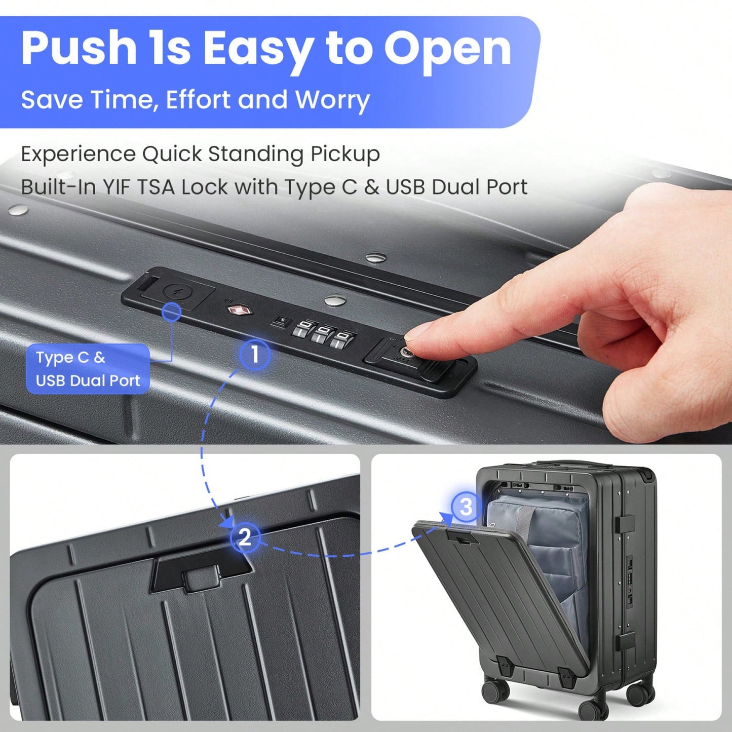 20 Inch Hard Shell Carry-On Luggage with Front Compartment TSA Lock 360° Spinner Wheels Lightweight Durable