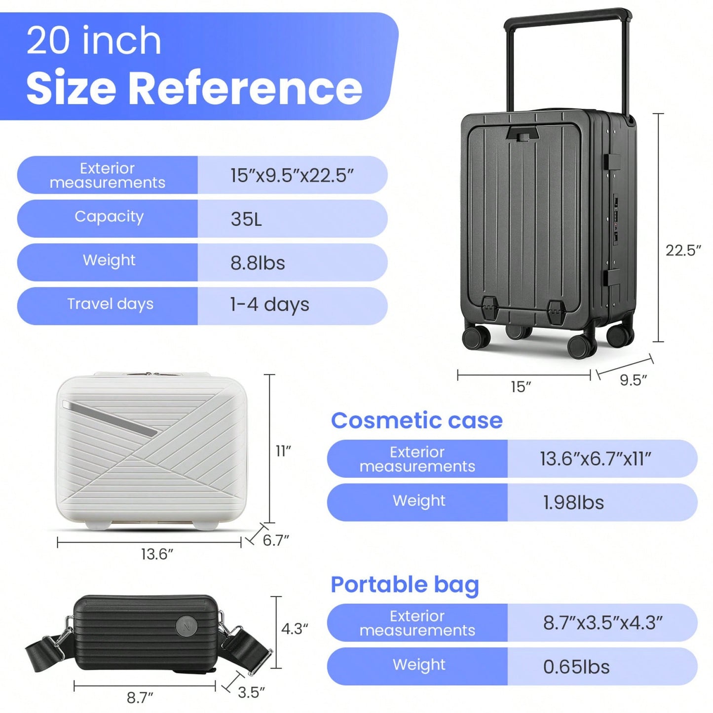 20 Inch Hard Shell Carry-On Luggage with Front Compartment TSA Lock 360° Spinner Wheels Lightweight Durable