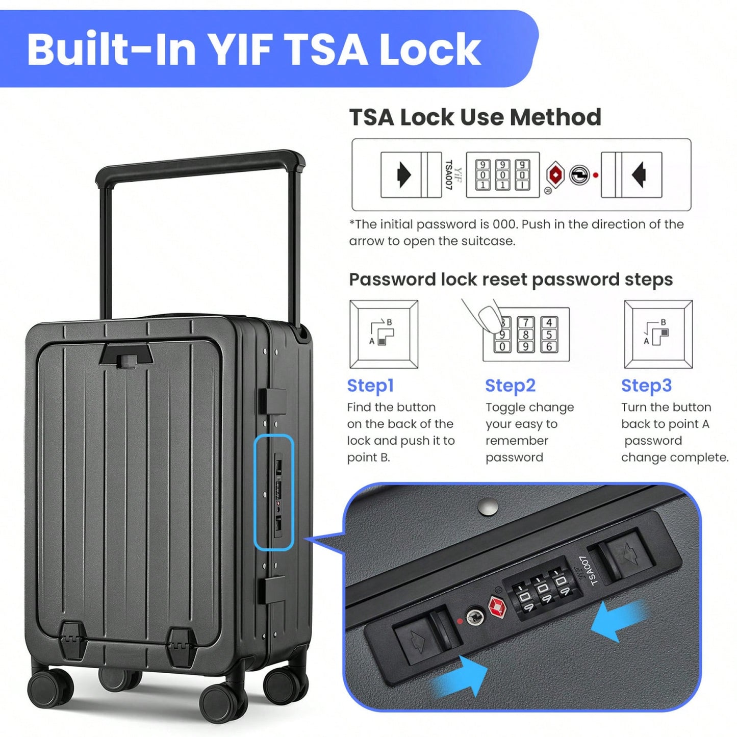 20 Inch Hard Shell Carry-On Luggage with Front Compartment TSA Lock 360° Spinner Wheels Lightweight Durable
