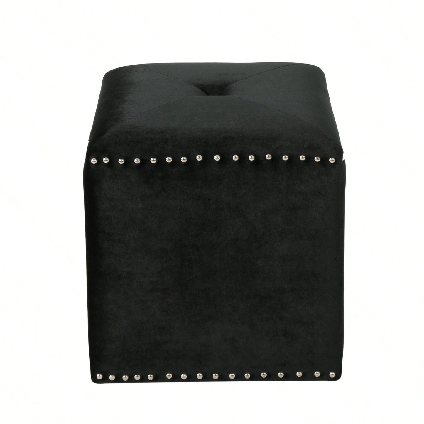 Luxurious Square Ottoman With Studded Trim - Velvet Upholstery, Extra Cushioning - Footrest, Extra Seating, Contemporary Style