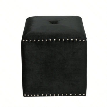 Luxurious Square Ottoman With Studded Trim - Velvet Upholstery, Extra Cushioning - Footrest, Extra Seating, Contemporary Style