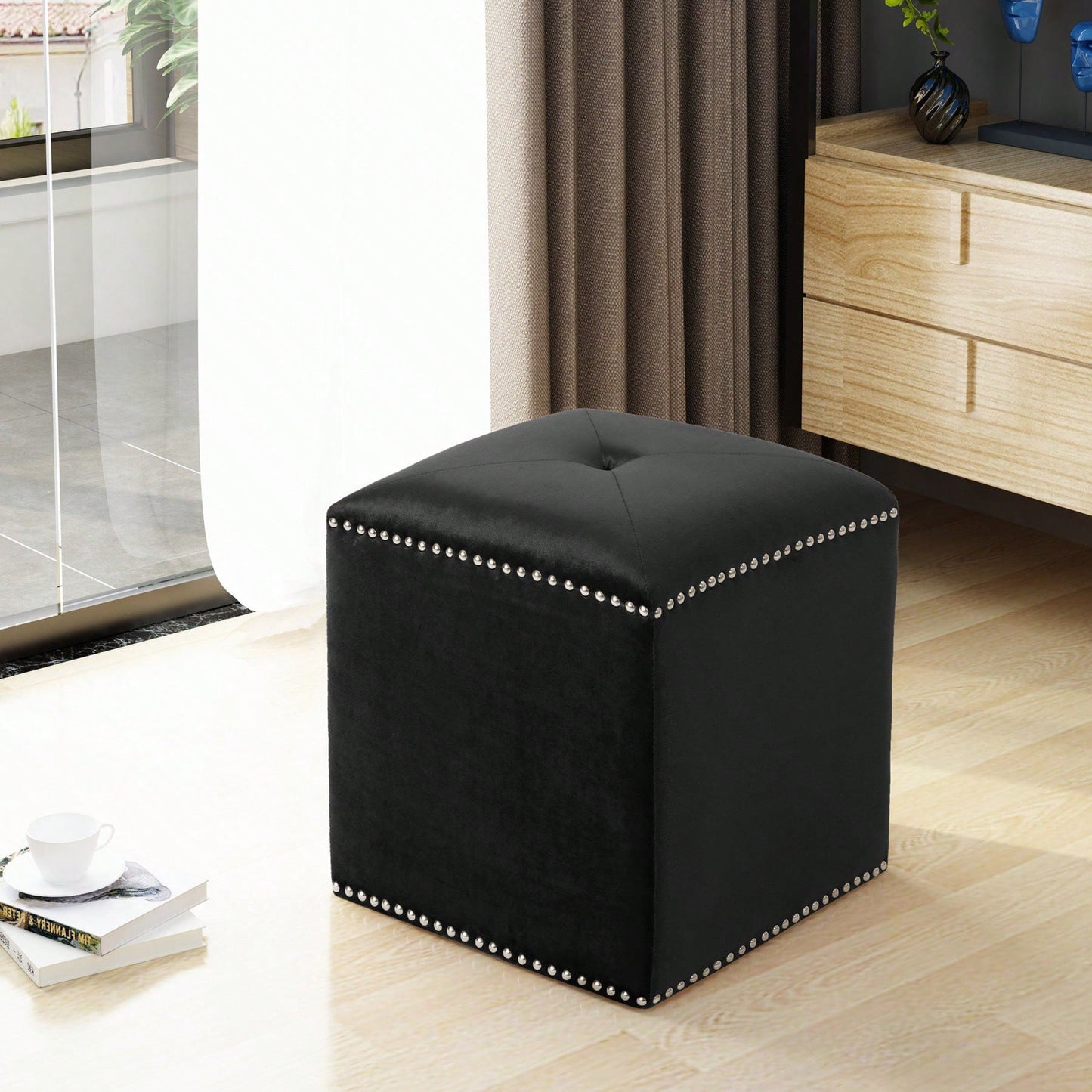 Luxurious Square Ottoman With Studded Trim - Velvet Upholstery, Extra Cushioning - Footrest, Extra Seating, Contemporary Style