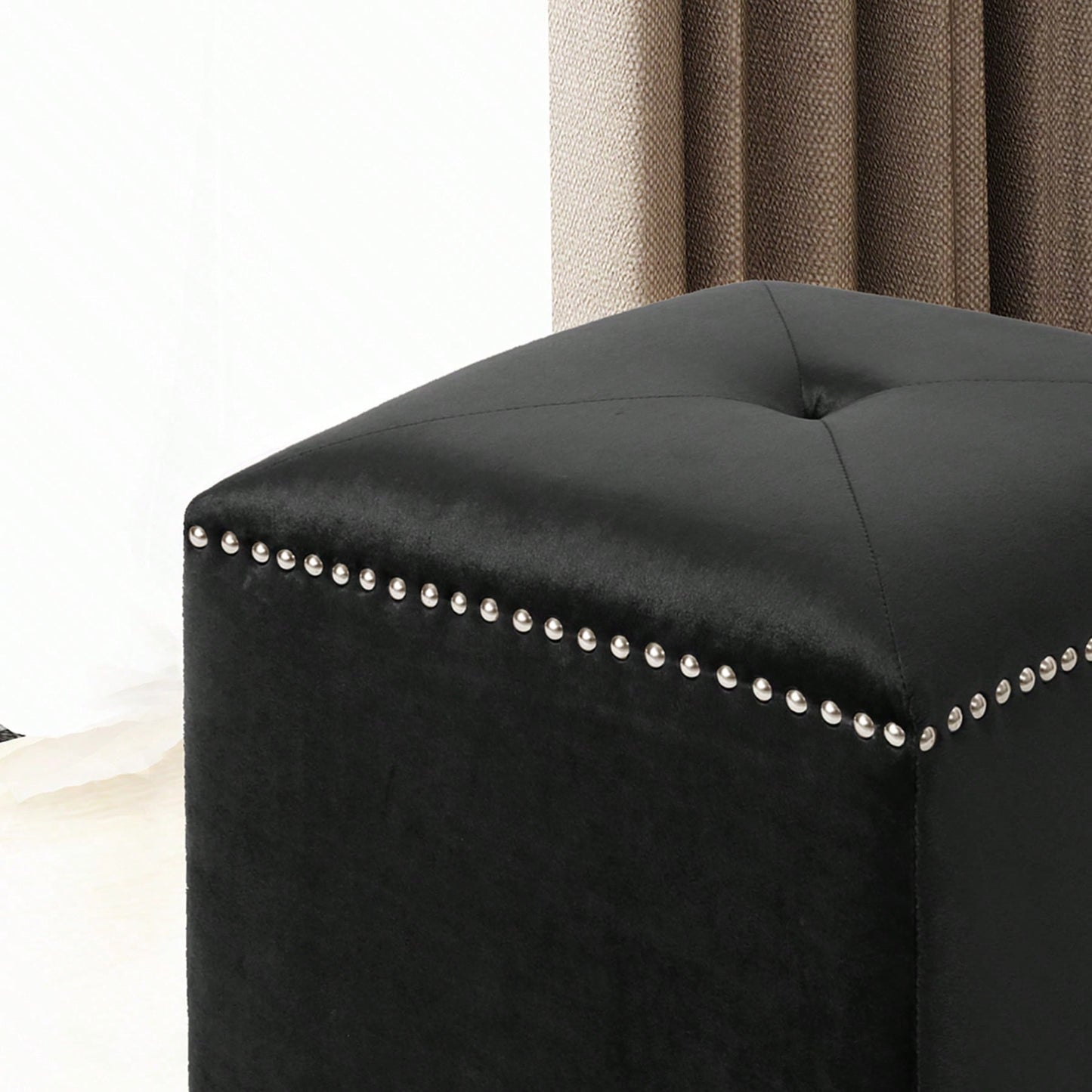 Luxurious Square Ottoman With Studded Trim - Velvet Upholstery, Extra Cushioning - Footrest, Extra Seating, Contemporary Style