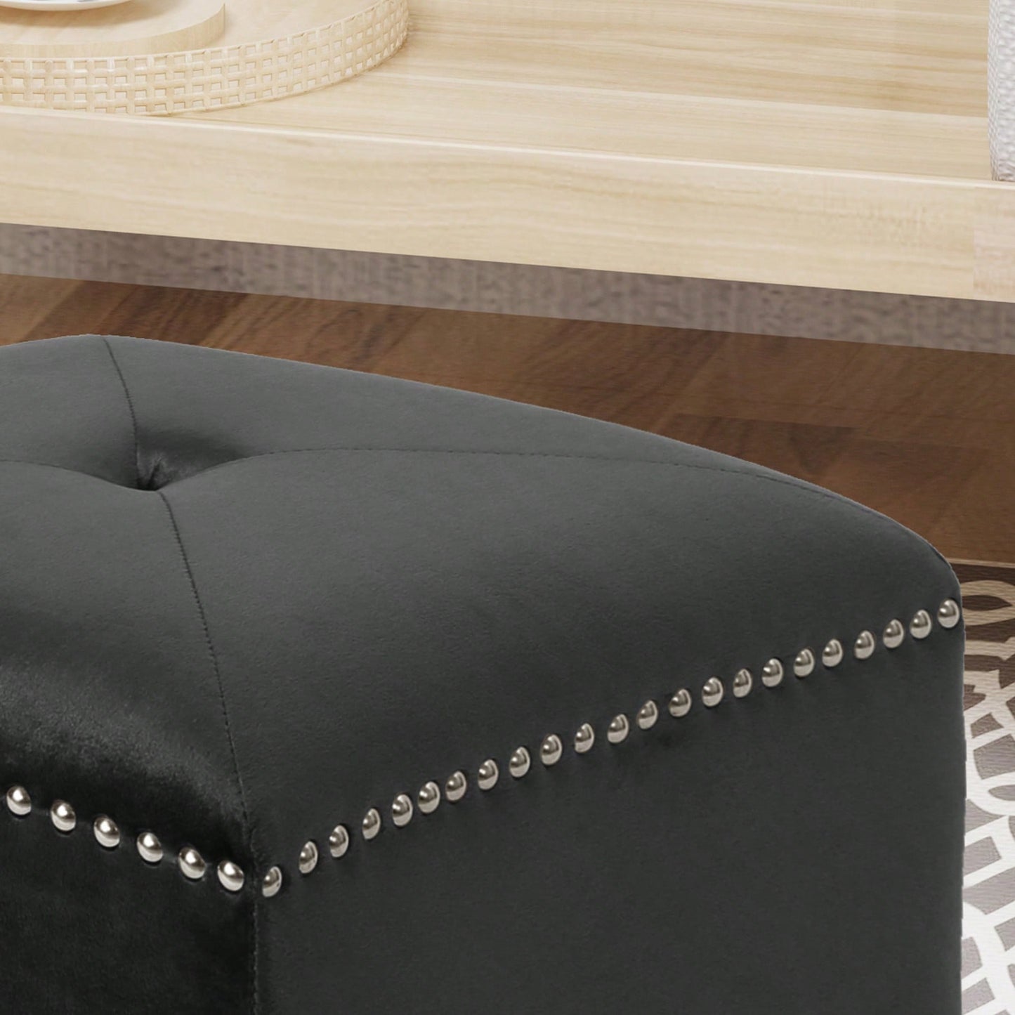 Luxurious Square Ottoman With Studded Trim - Velvet Upholstery, Extra Cushioning - Footrest, Extra Seating, Contemporary Style