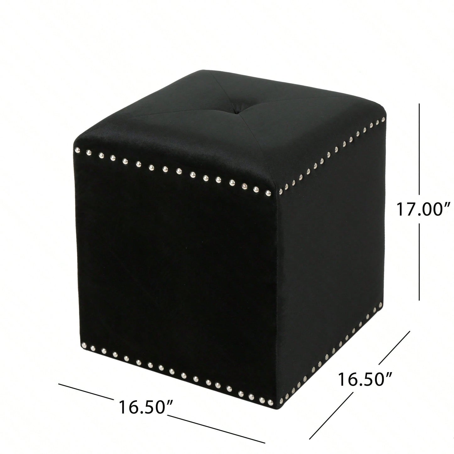 Luxurious Square Ottoman With Studded Trim - Velvet Upholstery, Extra Cushioning - Footrest, Extra Seating, Contemporary Style