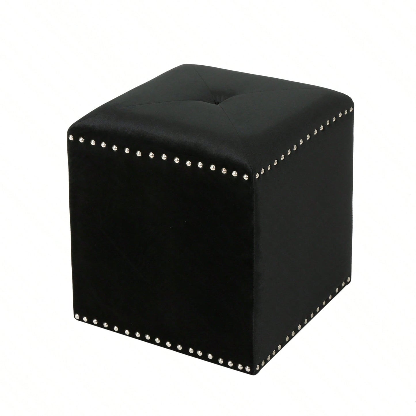 Luxurious Square Ottoman With Studded Trim - Velvet Upholstery, Extra Cushioning - Footrest, Extra Seating, Contemporary Style