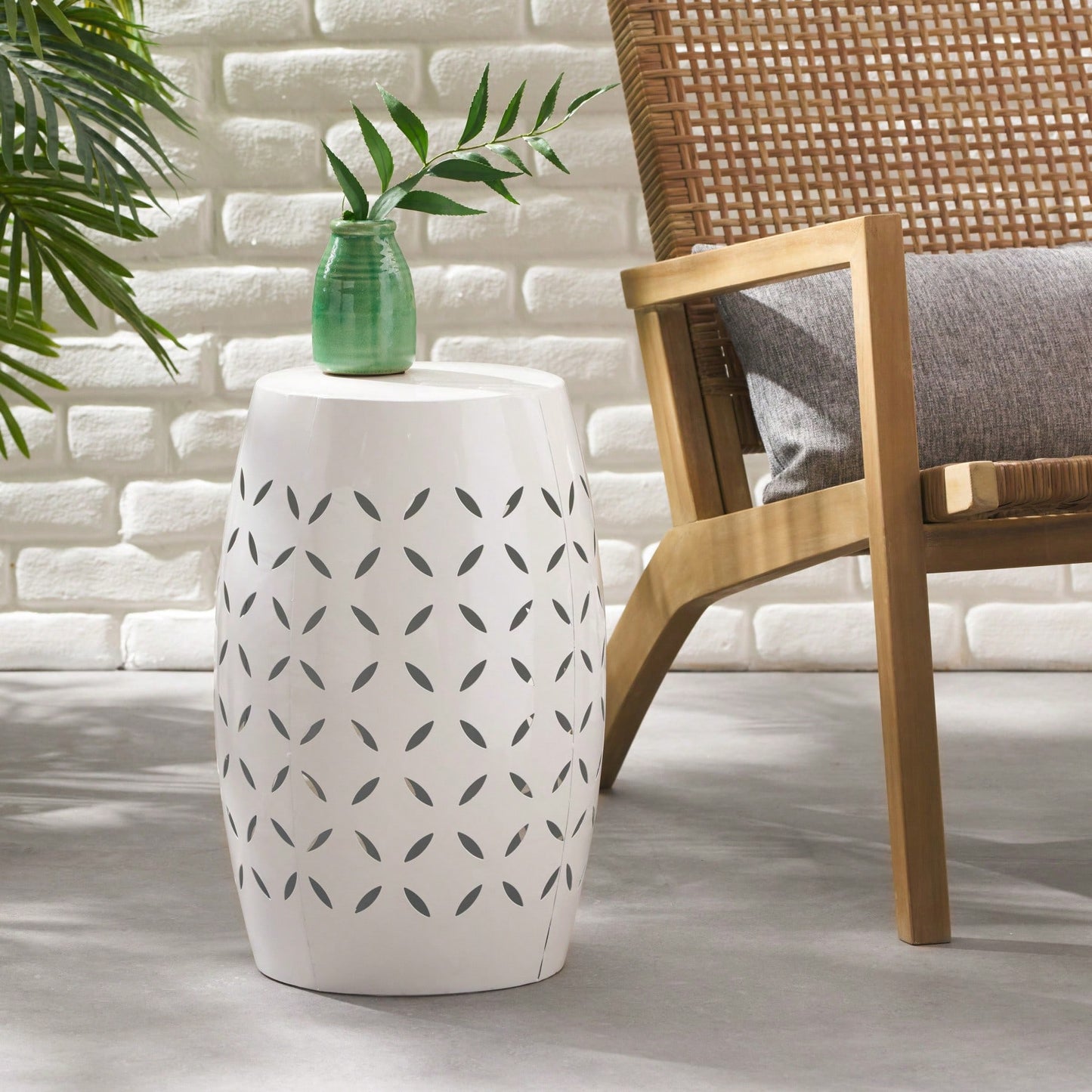 Weather Resistant 12 Inch Round Outdoor Metal Accent Table with Lace-Cut Design for Garden Balcony Small Spaces