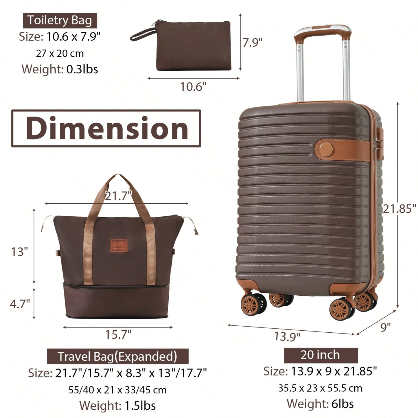 Lightweight 3 Piece Hardshell Carry On Luggage Set with 20 Inch Suitcase Weekender Bag and Toiletry Organizer 360° Wheels