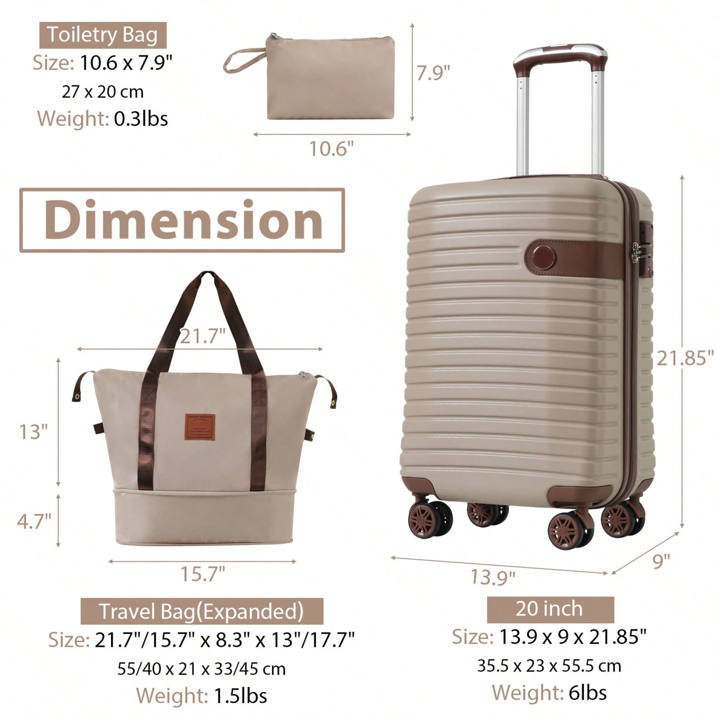 Lightweight 3 Piece Hardshell Carry On Luggage Set with 20 Inch Suitcase Weekender Bag and Toiletry Organizer 360° Wheels