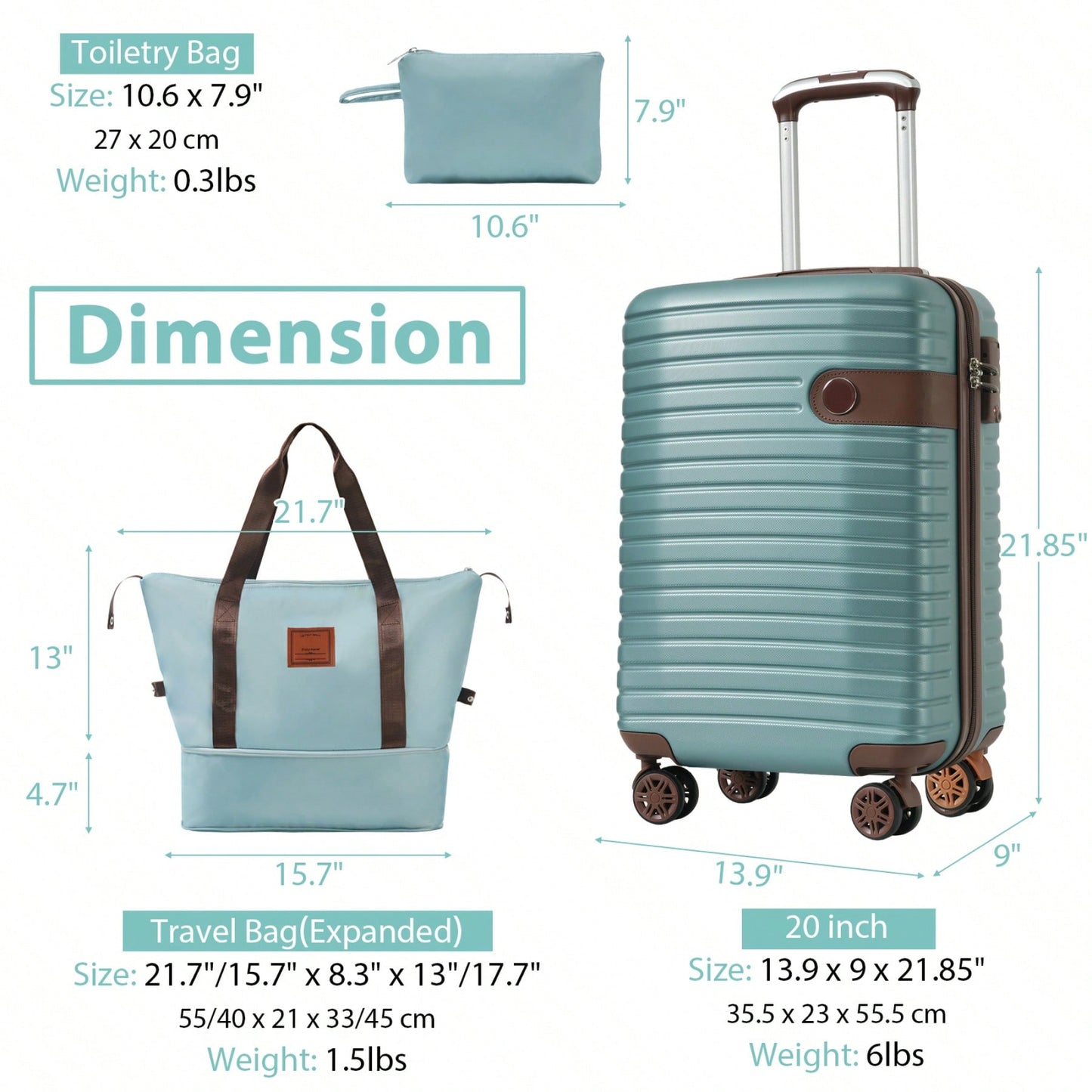 Lightweight 3 Piece Hardshell Carry On Luggage Set with 20 Inch Suitcase Weekender Bag and Toiletry Organizer 360° Wheels