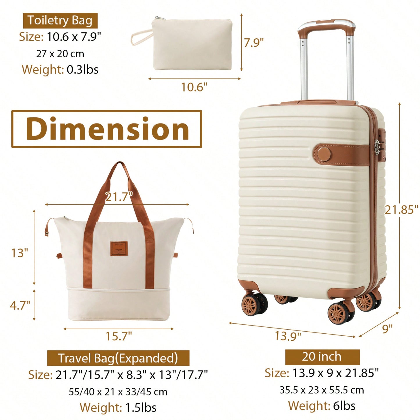Lightweight 3 Piece Hardshell Carry On Luggage Set with 20 Inch Suitcase Weekender Bag and Toiletry Organizer 360° Wheels