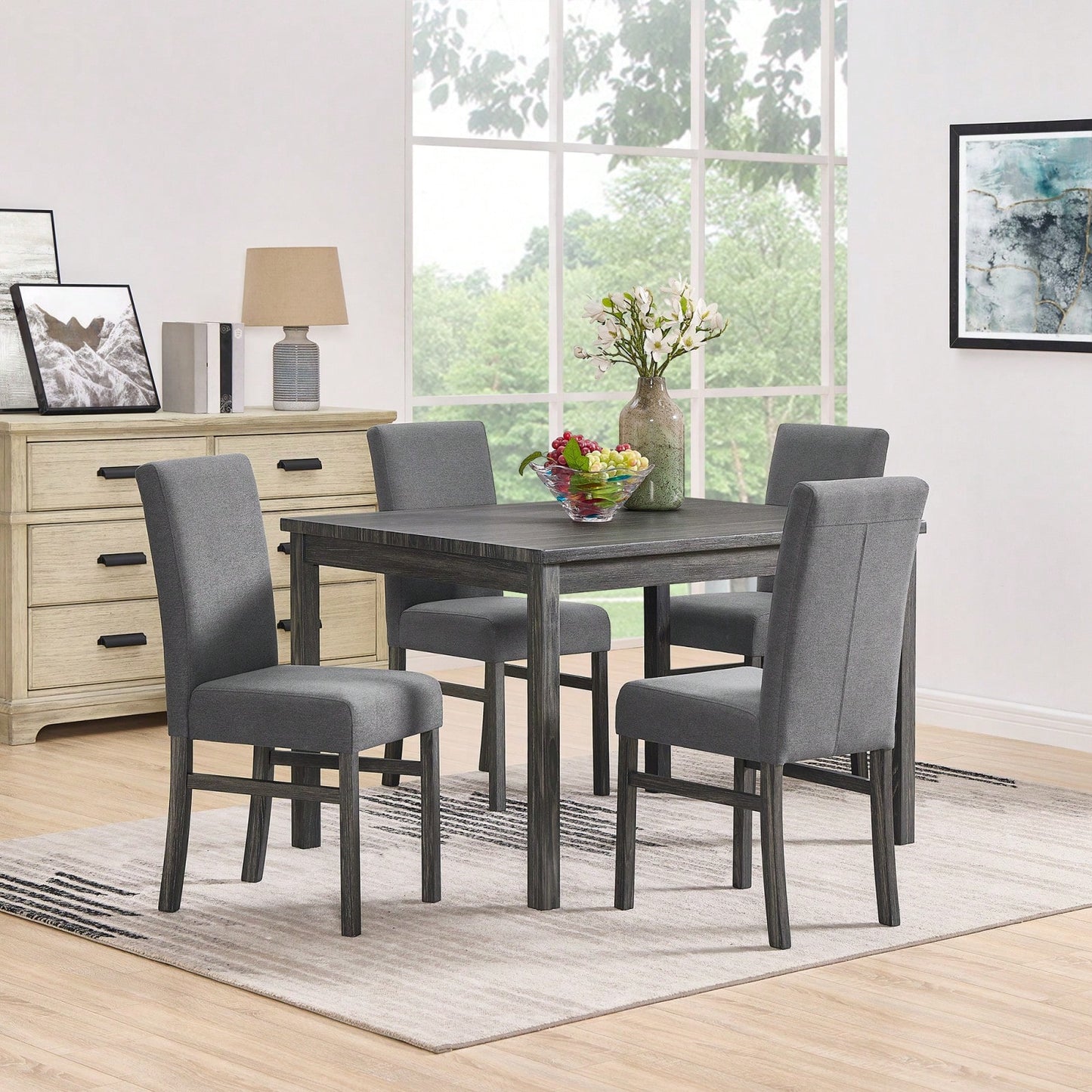 Modern Rectangular Dining Table with Solid Wood Legs and High-Resilience Foam Chairs for Small Spaces and Kitchens
