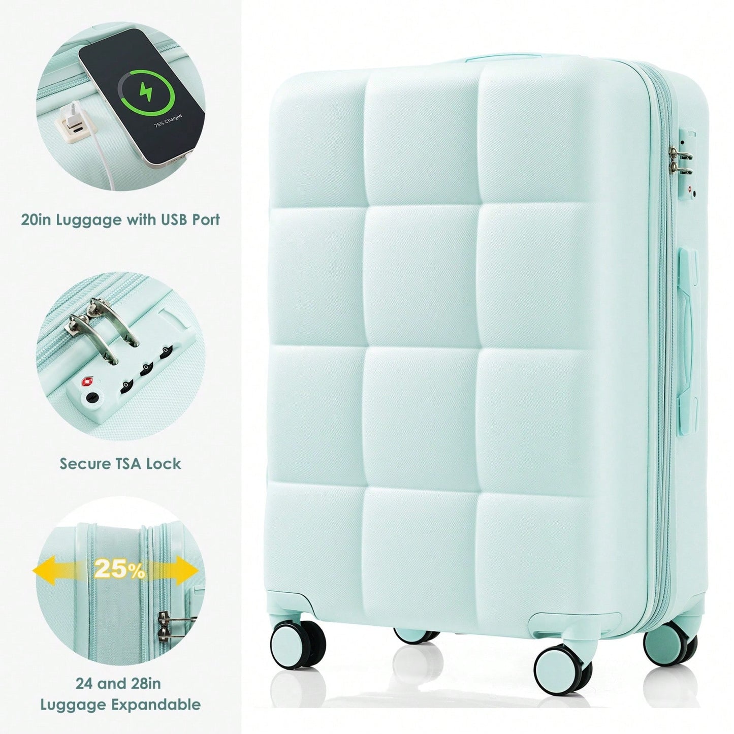 3-Piece Luggage Set with USB Port Airline Approved 20-Inch Carry-On Expandable 24 and 28-Inch Hardshell Spinner Wheels Durable ABS Material