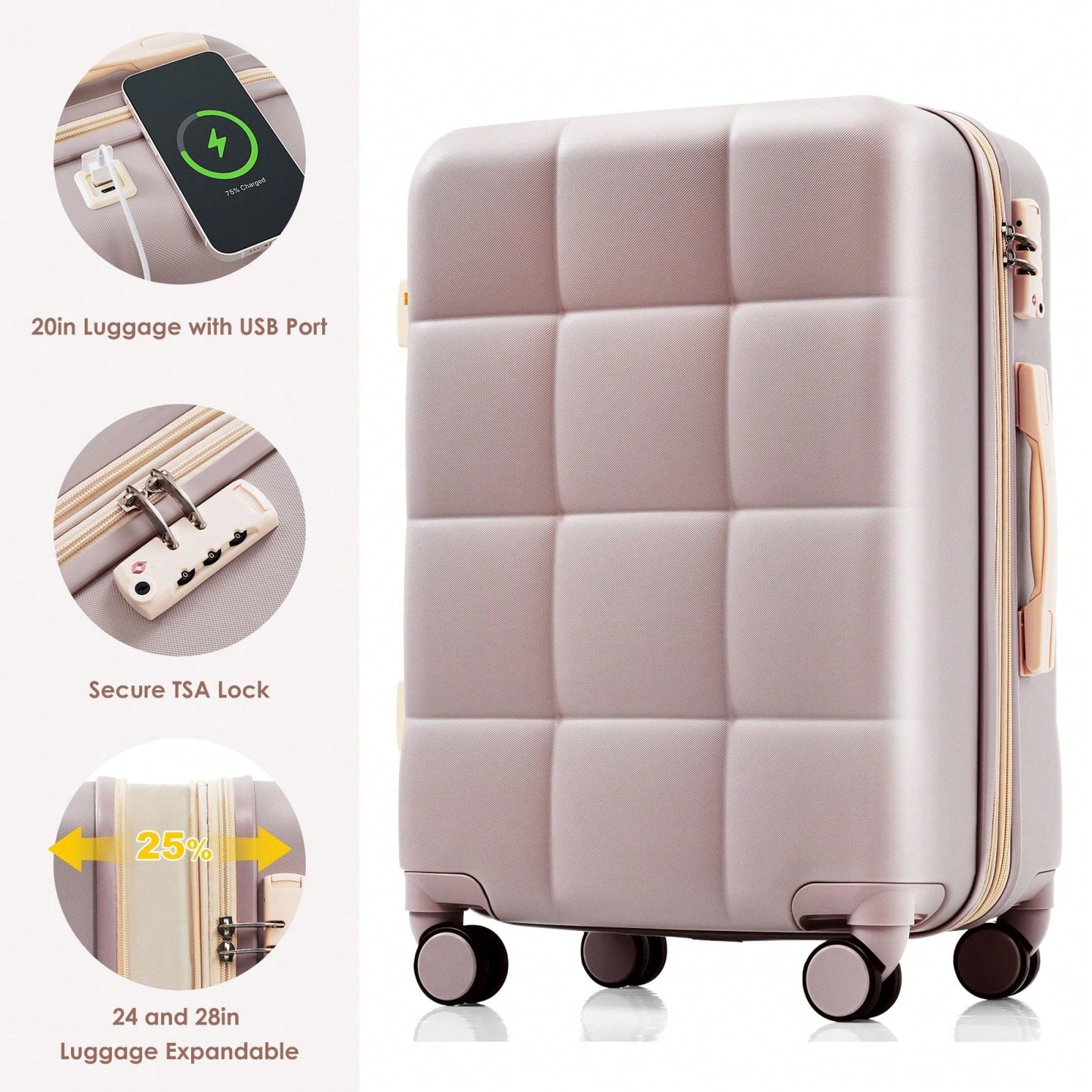 3-Piece Luggage Set with USB Port Airline Approved 20-Inch Carry-On Expandable 24 and 28-Inch Hardshell Spinner Wheels Durable ABS Material