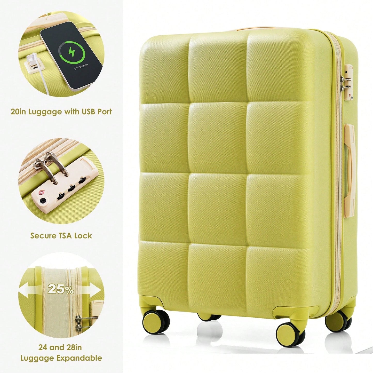 3-Piece Luggage Set with USB Port Airline Approved 20-Inch Carry-On Expandable 24 and 28-Inch Hardshell Spinner Wheels Durable ABS Material