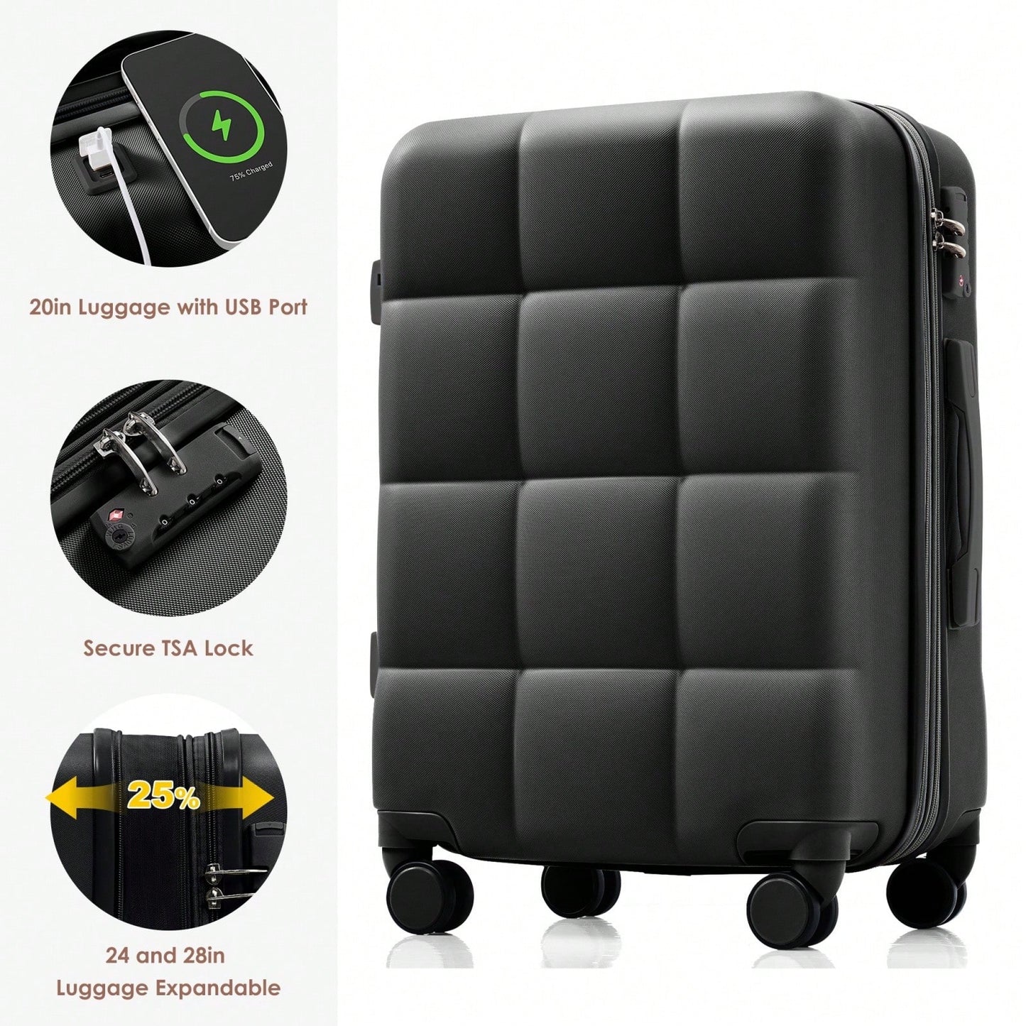 3-Piece Luggage Set with USB Port Airline Approved 20-Inch Carry-On Expandable 24 and 28-Inch Hardshell Spinner Wheels Durable ABS Material