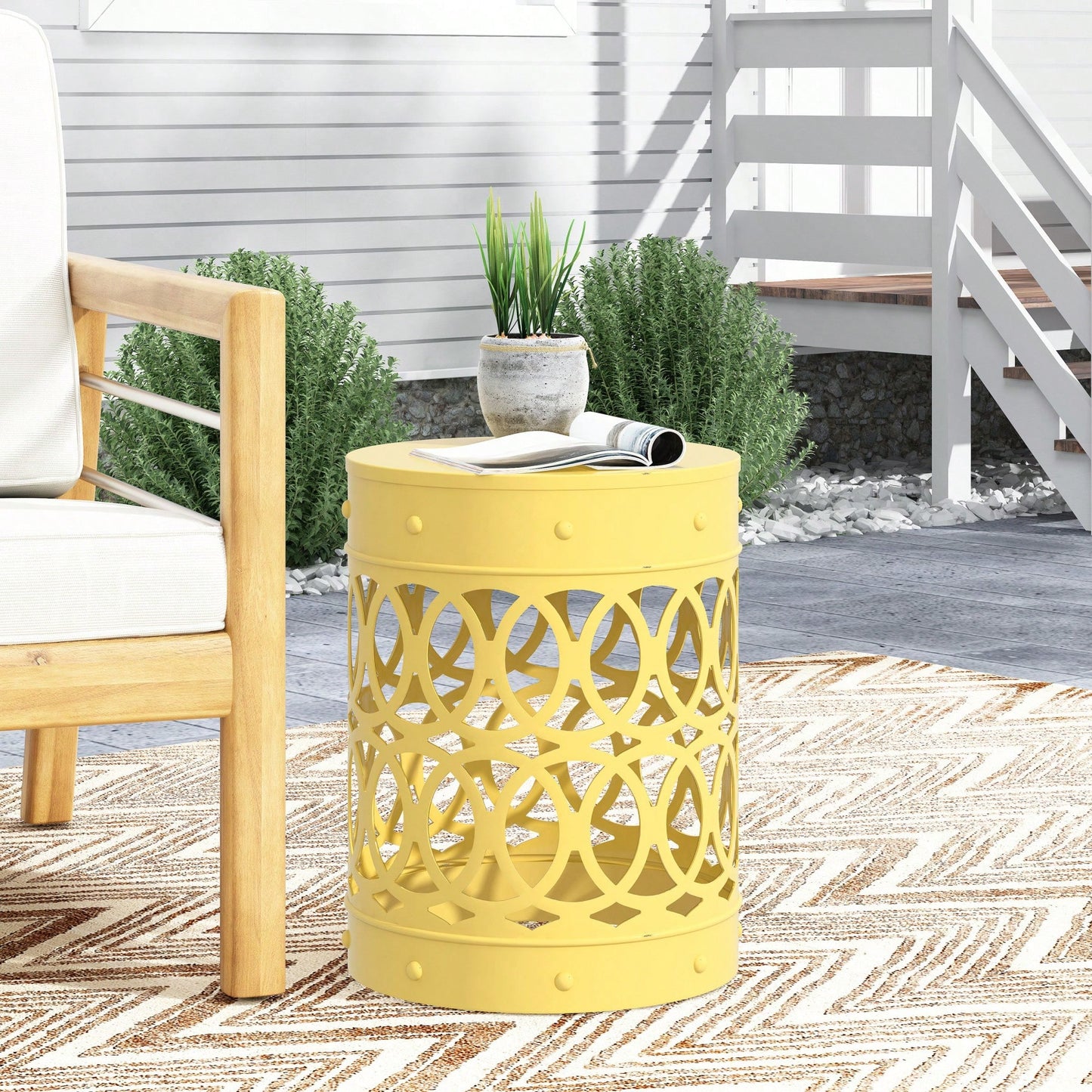 Modern Round Iron Cut Accent Table Powder-Coated Metal Side Table for Living Room and Bedroom No Assembly Required