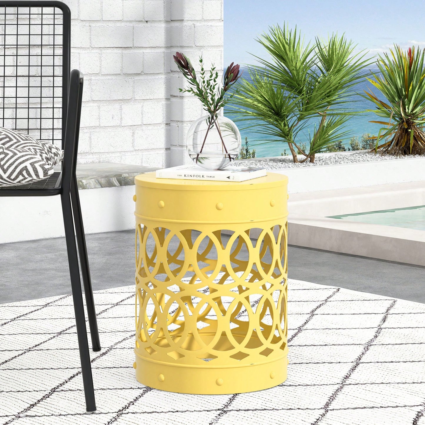 Modern Round Iron Cut Accent Table Powder-Coated Metal Side Table for Living Room and Bedroom No Assembly Required