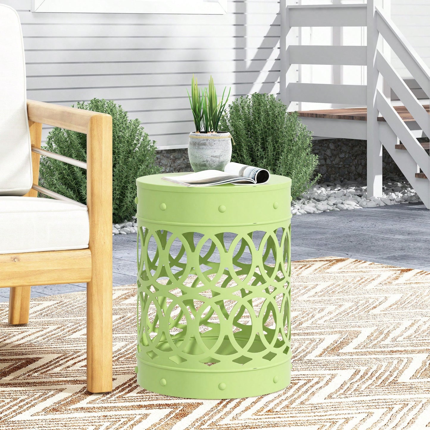 Modern Round Iron Cut Accent Table Powder-Coated Metal Side Table for Living Room and Bedroom No Assembly Required