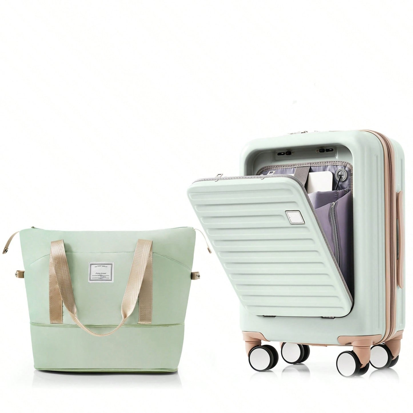 Front Opening 20-Inch Carry-On Luggage Set: Expandable Travel Bag With USB Port And Cup Holder