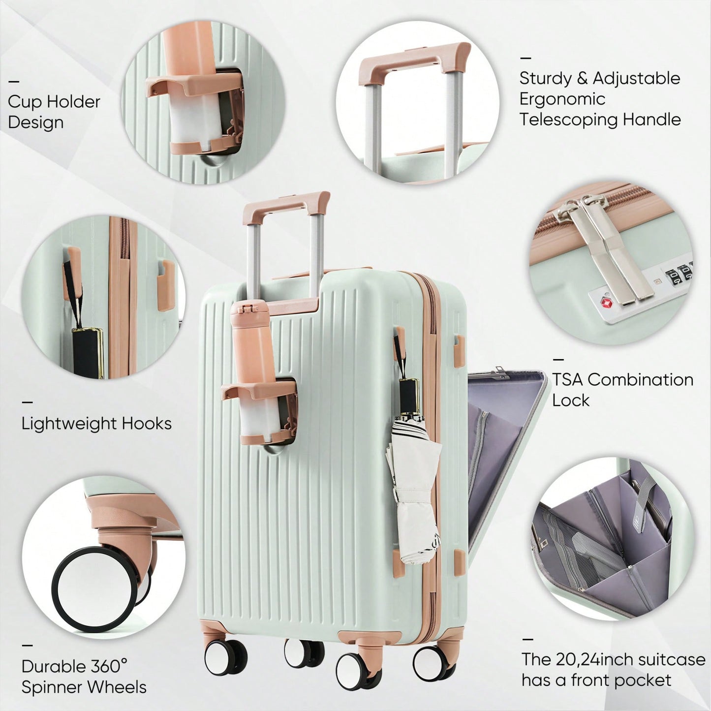 Front Opening 20-Inch Carry-On Luggage Set: Expandable Travel Bag With USB Port And Cup Holder