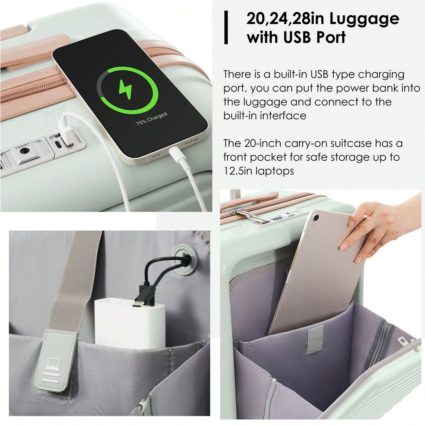 Front Opening 20-Inch Carry-On Luggage Set: Expandable Travel Bag With USB Port And Cup Holder